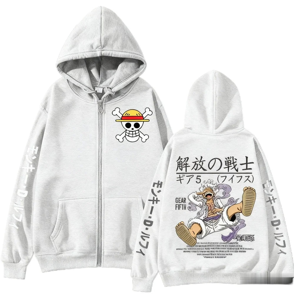 One Piece-zip-up-huvtröja – Gear 5 Nika och symboler (vit)