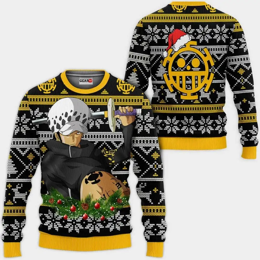 One Piece-tröja – design med Trafalgar Law och Jolly Roger (svart)