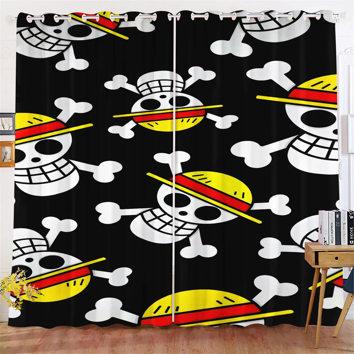 One Piece Curtain - Straw Hat Skull Logo Pattern on a Black Background
