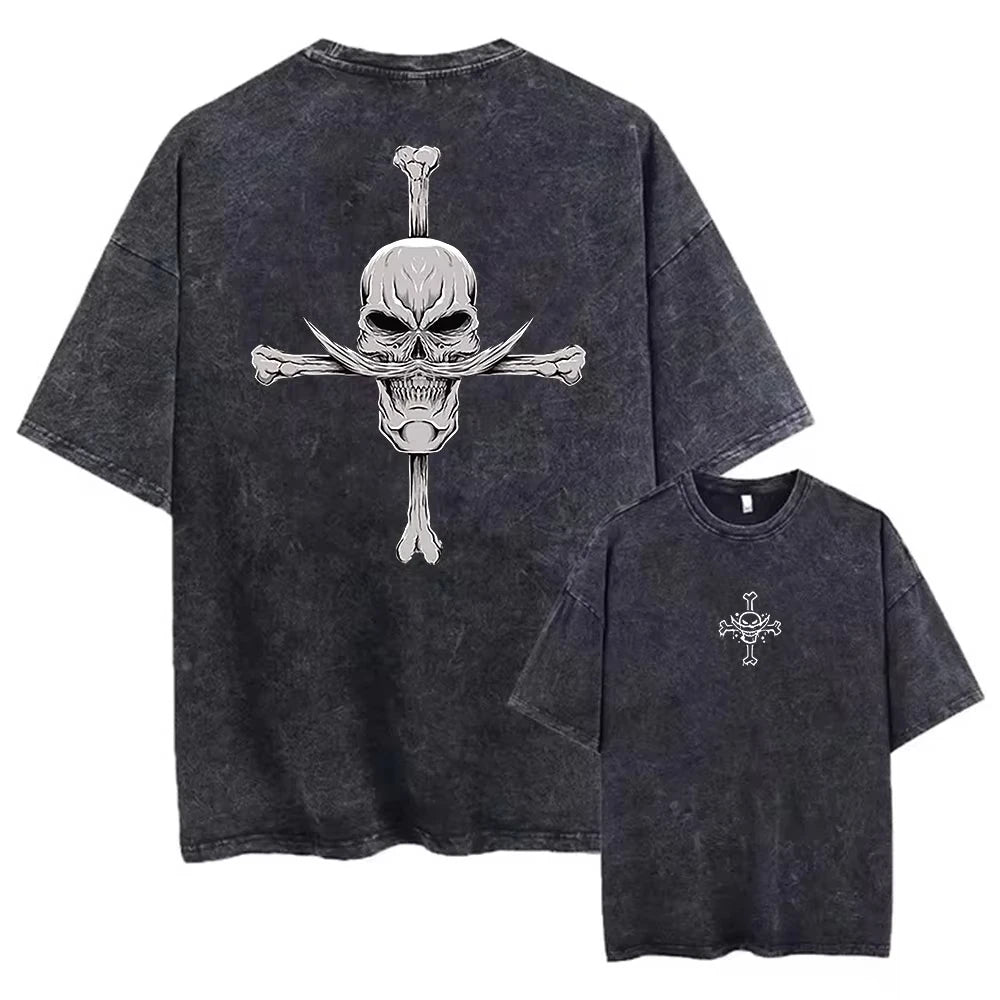 Vintage’owy T-shirt One Piece – czaszka Jolly Roger i skrzyżowane kości (efekt sprania)
