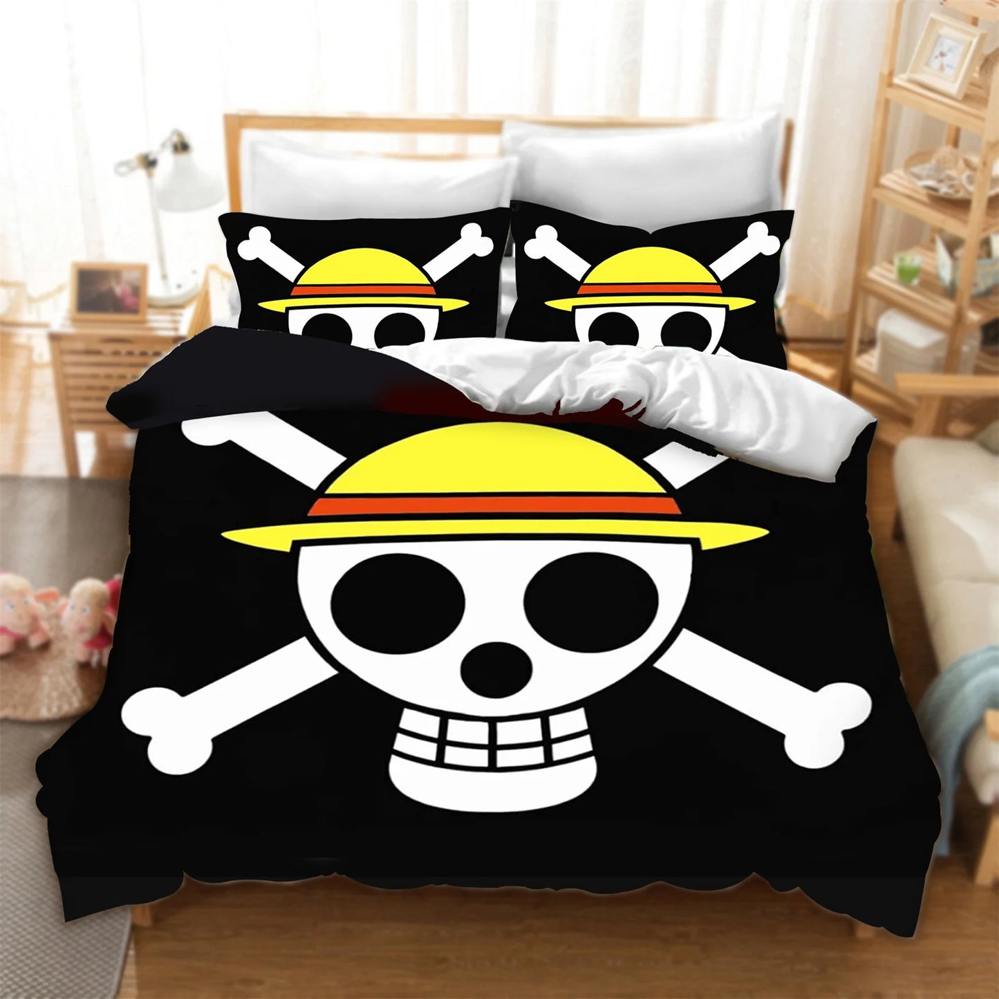 One Piece sängklädesset – Mugiwara Jolly Roger-logotyp (svart bakgrund)
