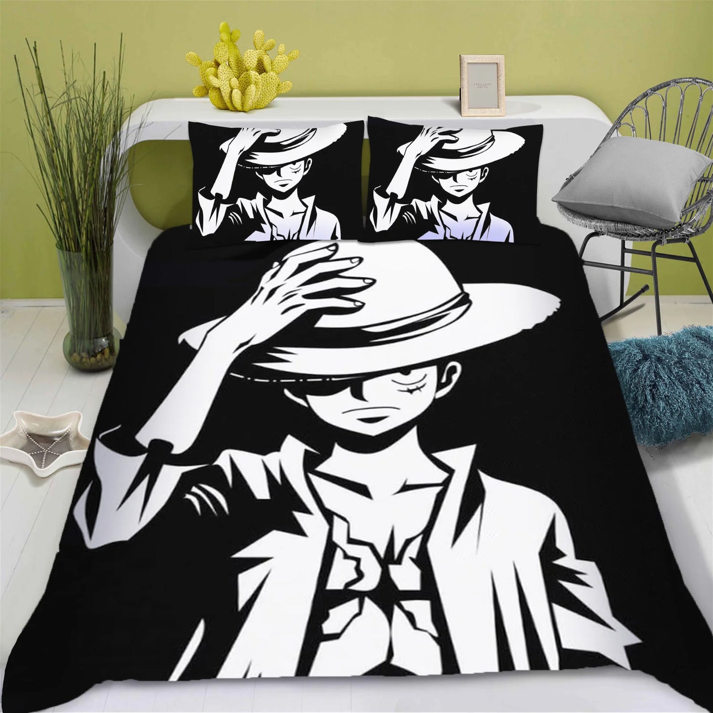 One Piece Bedding Set - Monkey D. Luffy Black & White Design