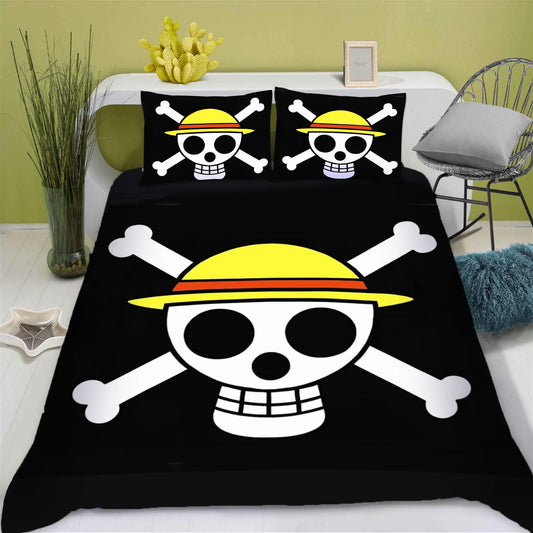 One Piece Bed Set - Straw Hat Jolly Roger Logo (Black Background)