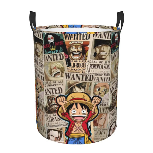 One Piece-tvättkorg – collage med efterlystaffischer av besättningen