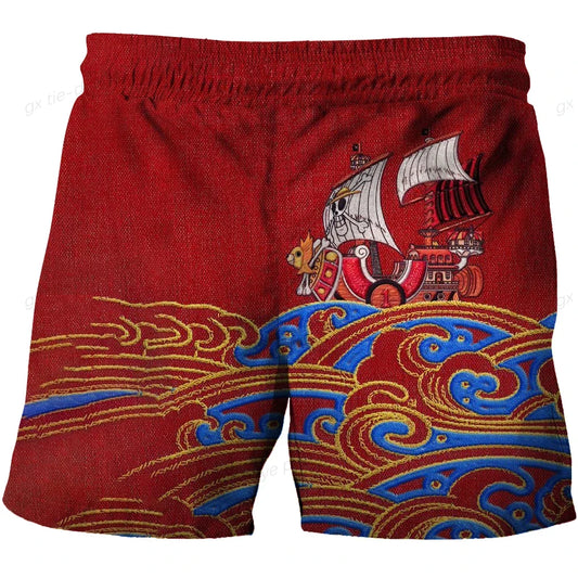One Piece Swim Shorts – Thousand Sunny Ship and Japanese Waves