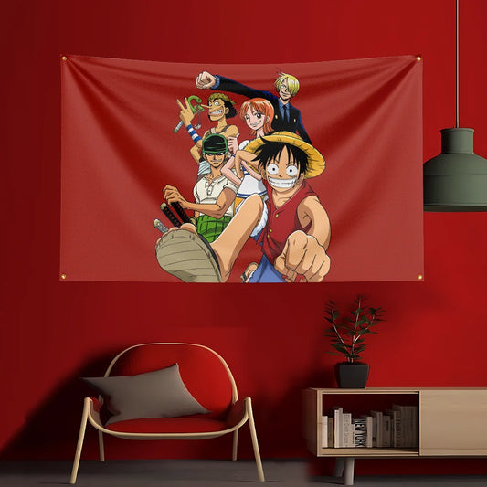 One Piece-affisch – hela Mugiwara-besättningen (röd bakgrund)