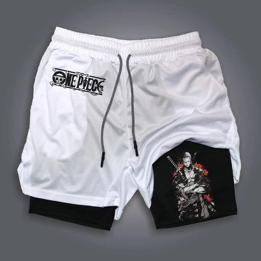 Sportowe spodenki 2 w 1 One Piece – biały wzór Zoro