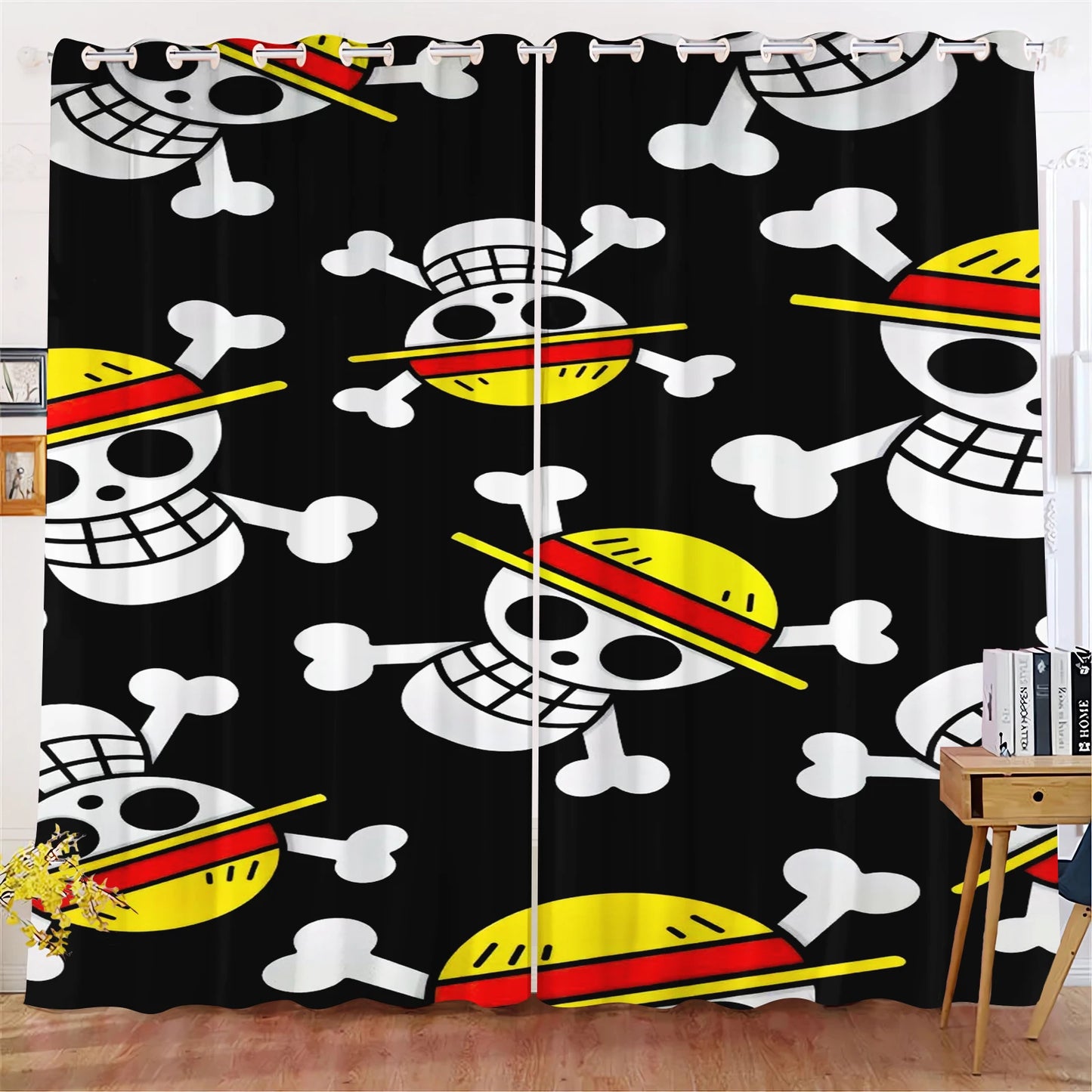 One Piece Curtain - Straw Hat Skull Logo Pattern on a Black Background