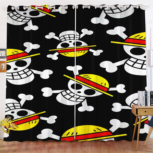 One Piece Curtain - Straw Hat Skull Logo Pattern on a Black Background