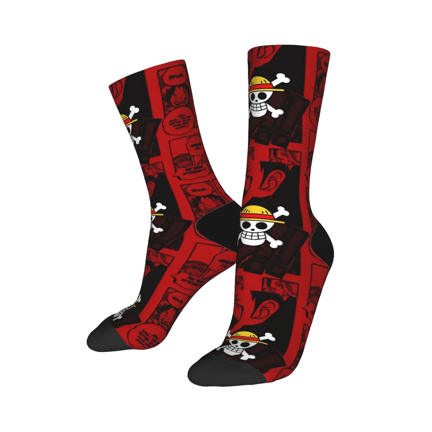 One Piece Knee-High Socks - Jolly Roger & Wanted Pattern (Red)