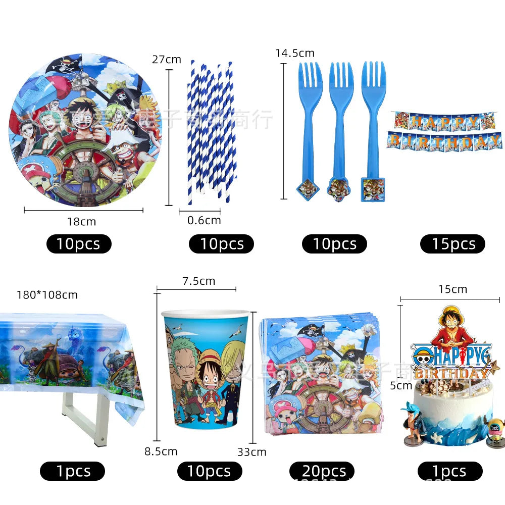 Ekskluzywny zestaw urodzinowy One Piece – naczynia i dekoracje (82 elementy)