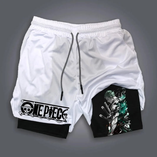 Sportowe spodenki 2 w 1 One Piece – wzór Zoro w stylu Wano (białe)