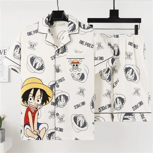One Piece Pajama Set - Black & White Manga Print (Shirt & Pants)