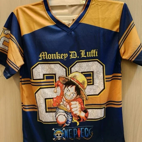 One Piece Luffy football jersey – Yellow-and-blue striped jersey (number 22)