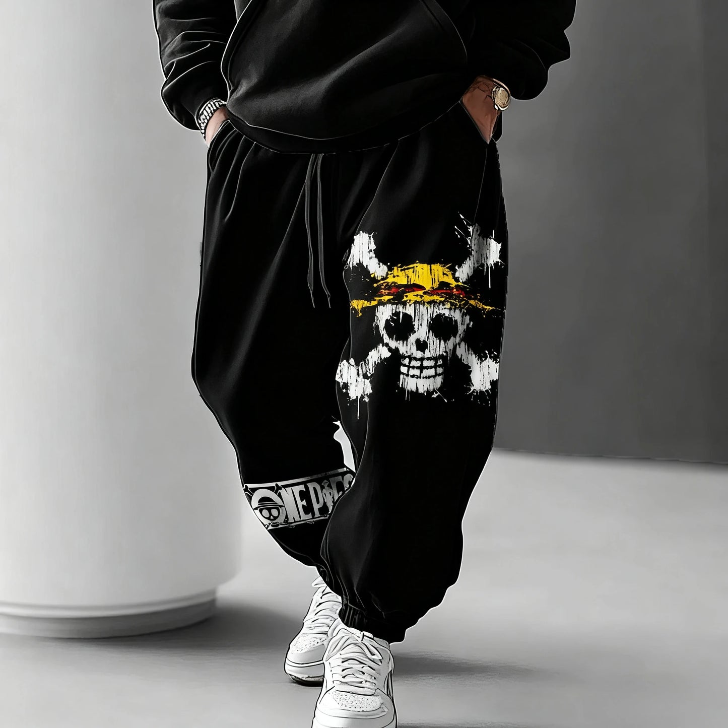 One Piece Joggers - Mugiwara Crew Jolly Roger (White on Black)