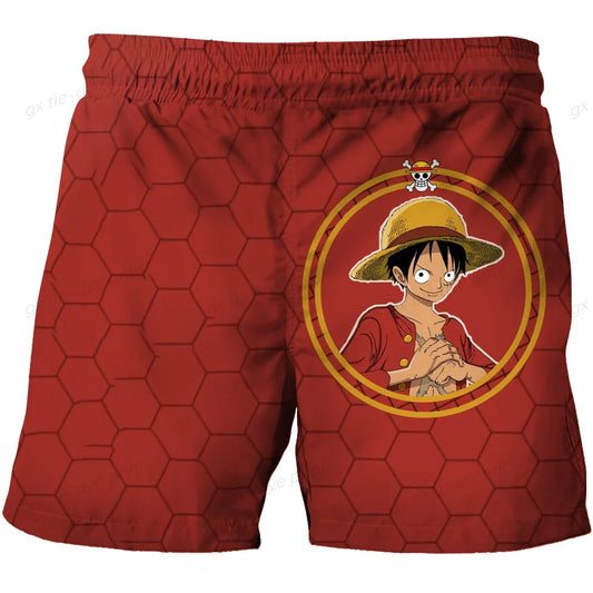 Jednoczęściowe kąpielówki One Piece – czerwony sześciokątny wzór z logo Luffy’ego