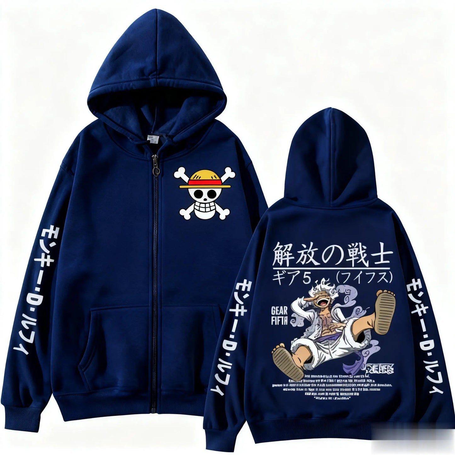 One Piece-oversized huvtröja med huva – Luffy Gear 5-siluett (marinblå)