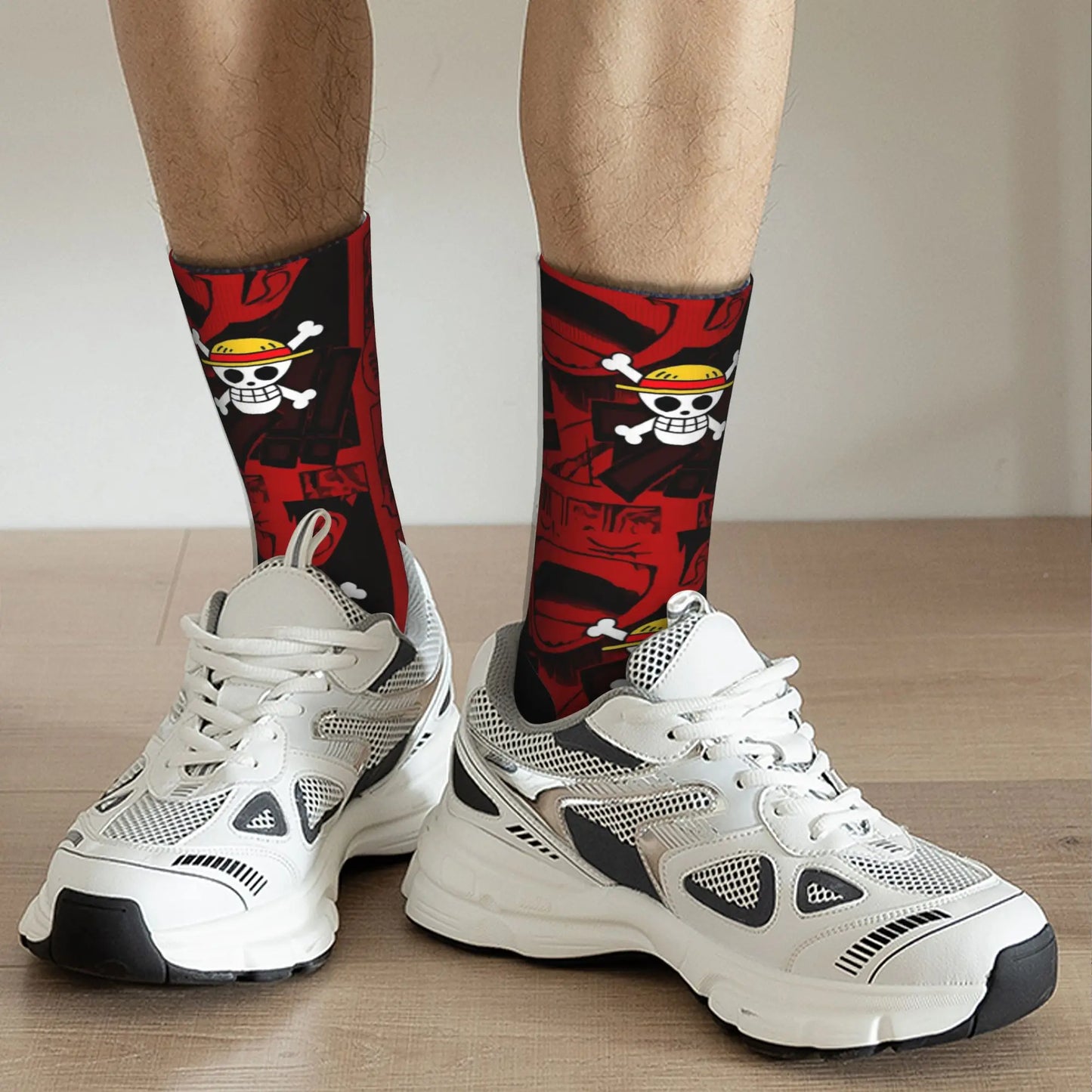 One Piece Knee-High Socks - Jolly Roger & Wanted Pattern (Red)