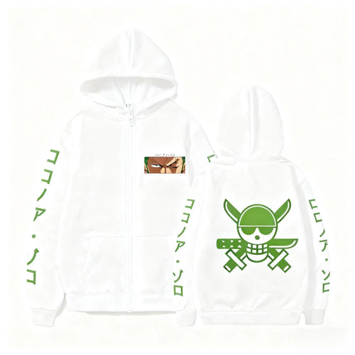 One Piece-huvtröja – Roronoa Zoro-design (vit och grön)