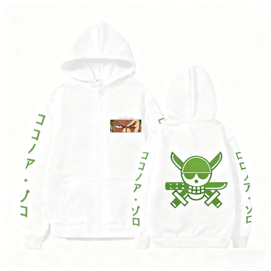 One Piece Hoodie - Roronoa Zoro Design (White & Green)