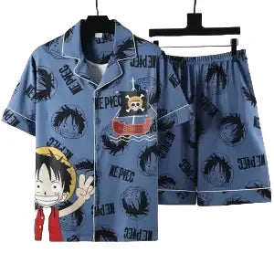 One Piece Short Pajamas - All-Over “Mugiwara” Design (Blue & Black)