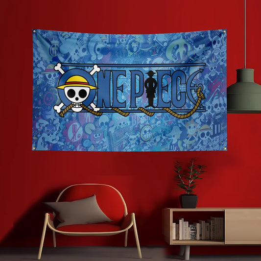 Flaga One Piece – Klasyczne logo Jolly Roger (niebieskie tło)