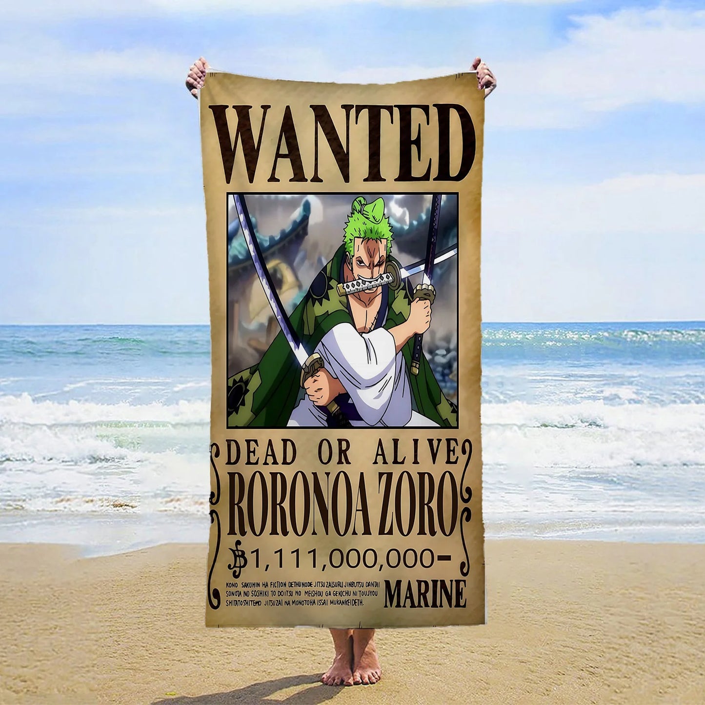 One Piece-strandhandduk – Wanted Roronoa Zoro (strid)