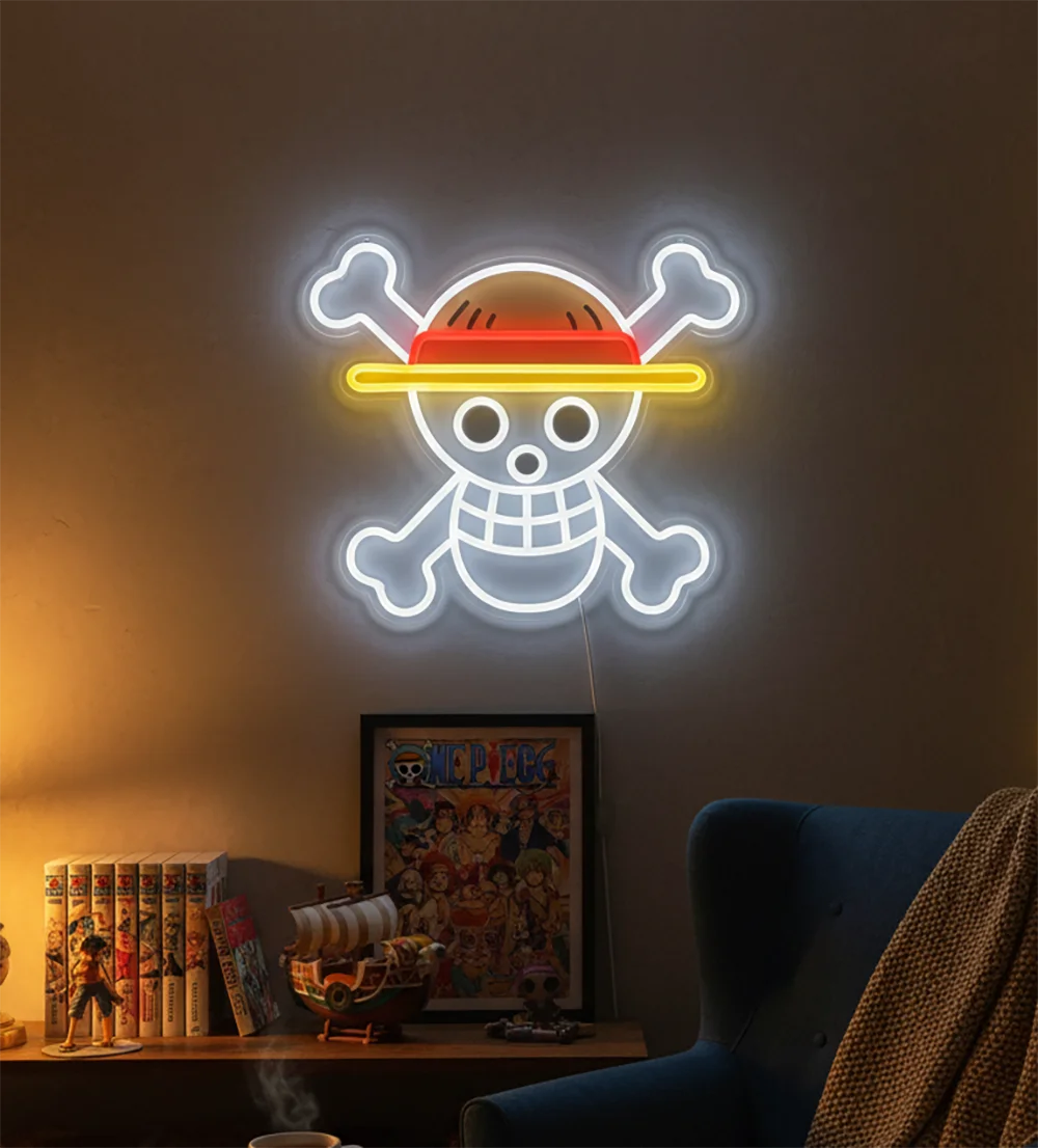 One Piece-neonlampa – Jolly Roger-logotyp med lysande dödskalle