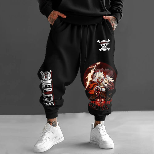Spodnie dresowe One Piece – ilustracja walki Luffy’ego Gear 4 (czarno-czerwone)
