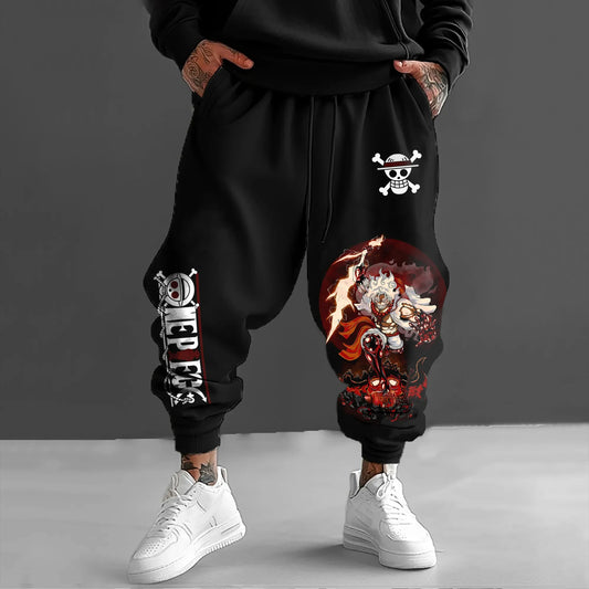 Spodnie dresowe One Piece – ilustracja walki Luffy’ego Gear 4 (czarno-czerwone)