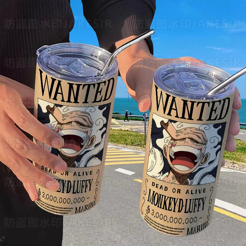 One Piece-vattenflaska med sugrör – Wanted-affischer med Luffy och Zoro