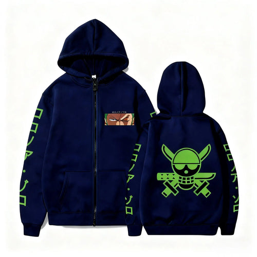 One Piece-zip-up-huvtröja – Roronoa Zoro och svärd (marinblå)