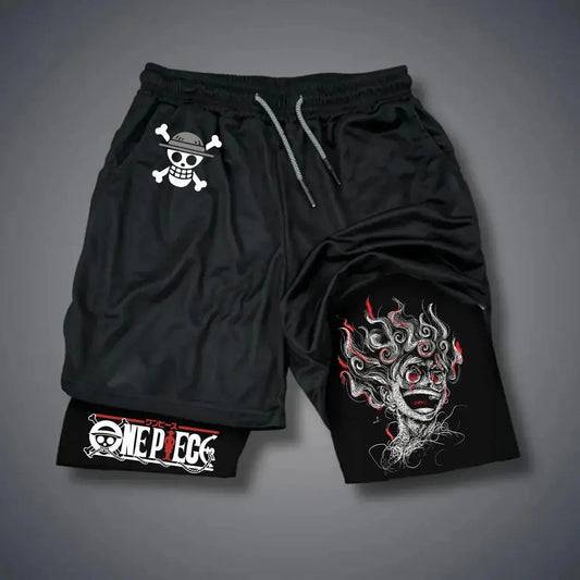Sportowe spodenki 2 w 1 One Piece – ilustracja Luffy’ego Gear 4 Snakeman (czarne)