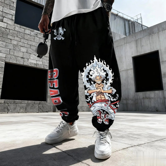 Spodnie dresowe One Piece – przemiana Luffy’ego Gear 5 „Sun God Nika” (czarne)