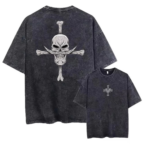 Vintage’owy T-shirt One Piece – czaszka Jolly Roger i skrzyżowane kości (efekt sprania)