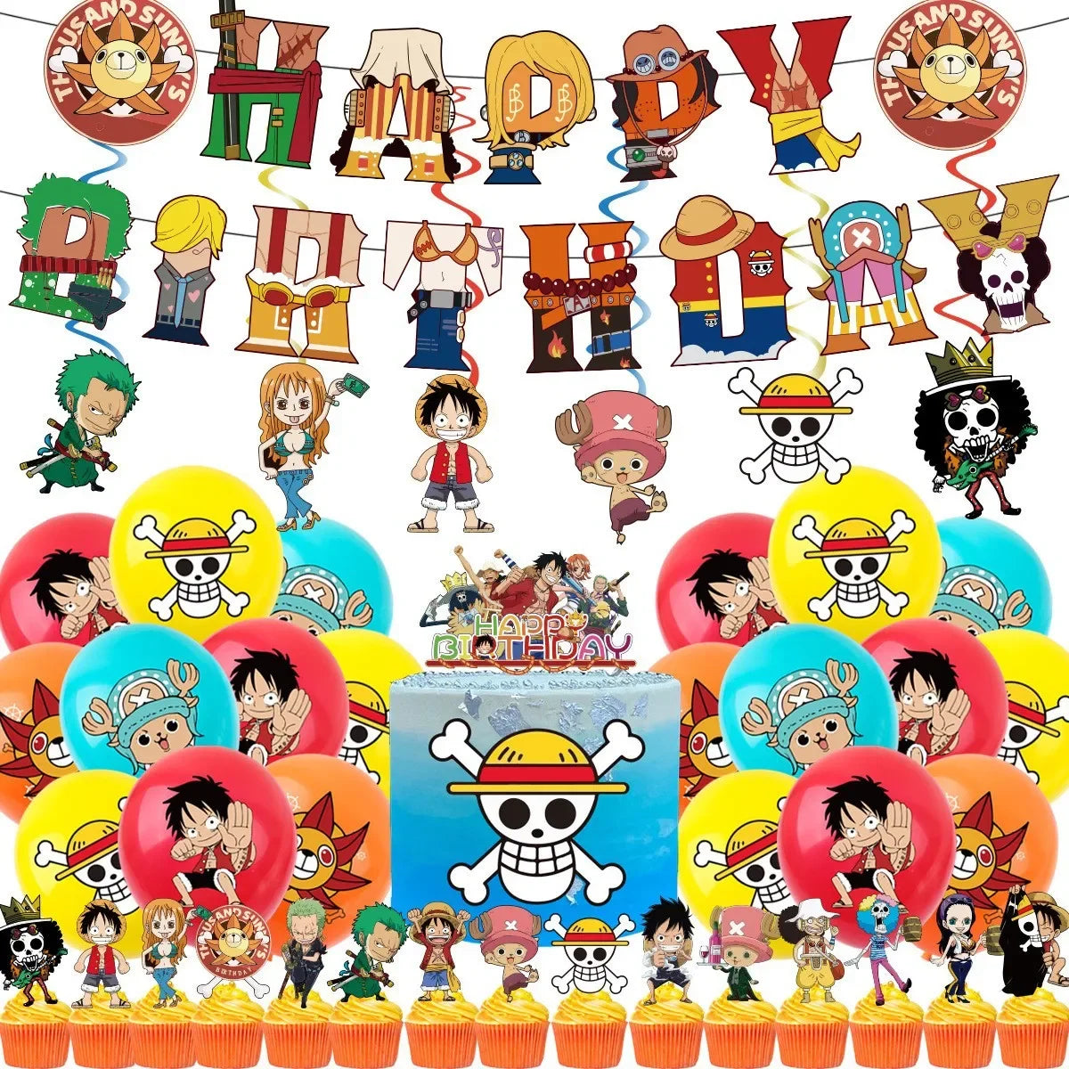 One Piece-födelsedagsdekorationskit - Tecknade banderoller och ballonger