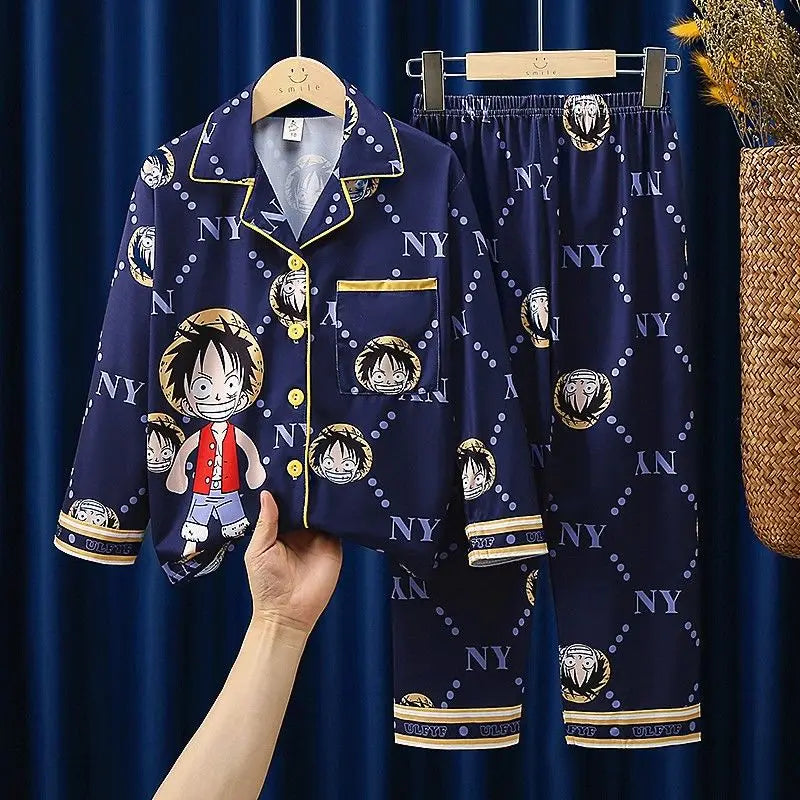 One Piece Long-Sleeve Pajamas - “NY” & Luffy Pattern (Navy Blue)