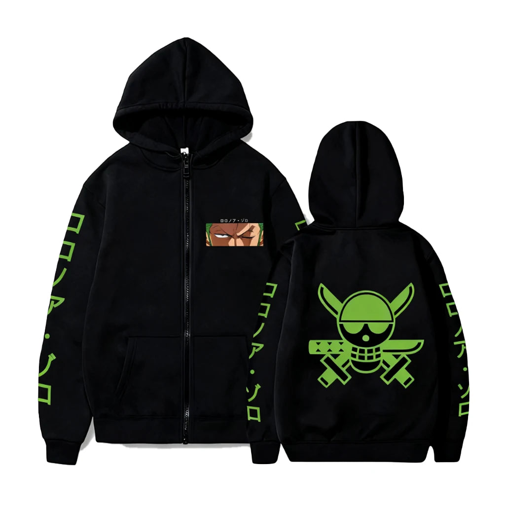 One Piece-zip-up-huvtröja – minimalistisk Zoro-design (svart)