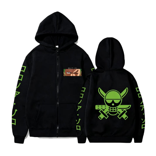 One Piece Zip-Up Hoodie - Minimalist Zoro Design (Black)