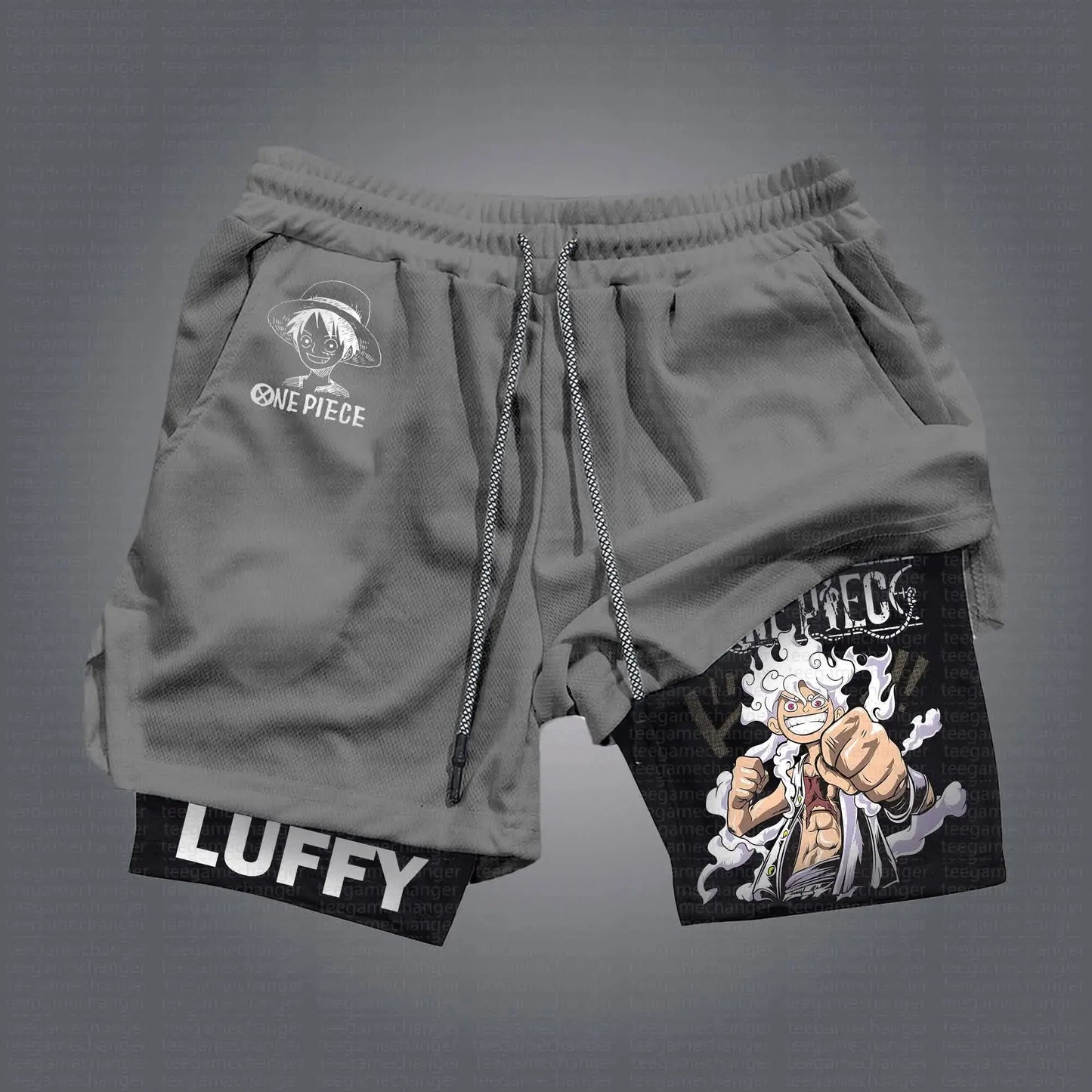 One Piece 2-in-1 Sports Shorts - Luffy Gear 5 “Joy Boy” (Gray & Black Lining)