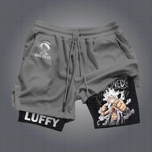 One Piece 2-in-1 Sports Shorts - Luffy Gear 5 “Joy Boy” (Gray & Black Lining)