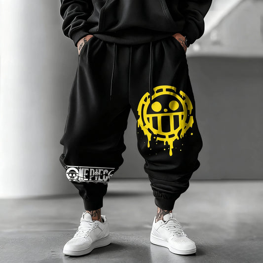 Spodnie dresowe One Piece – emblemat Trafalgara Lawa w stylu streetwear (czarne)
