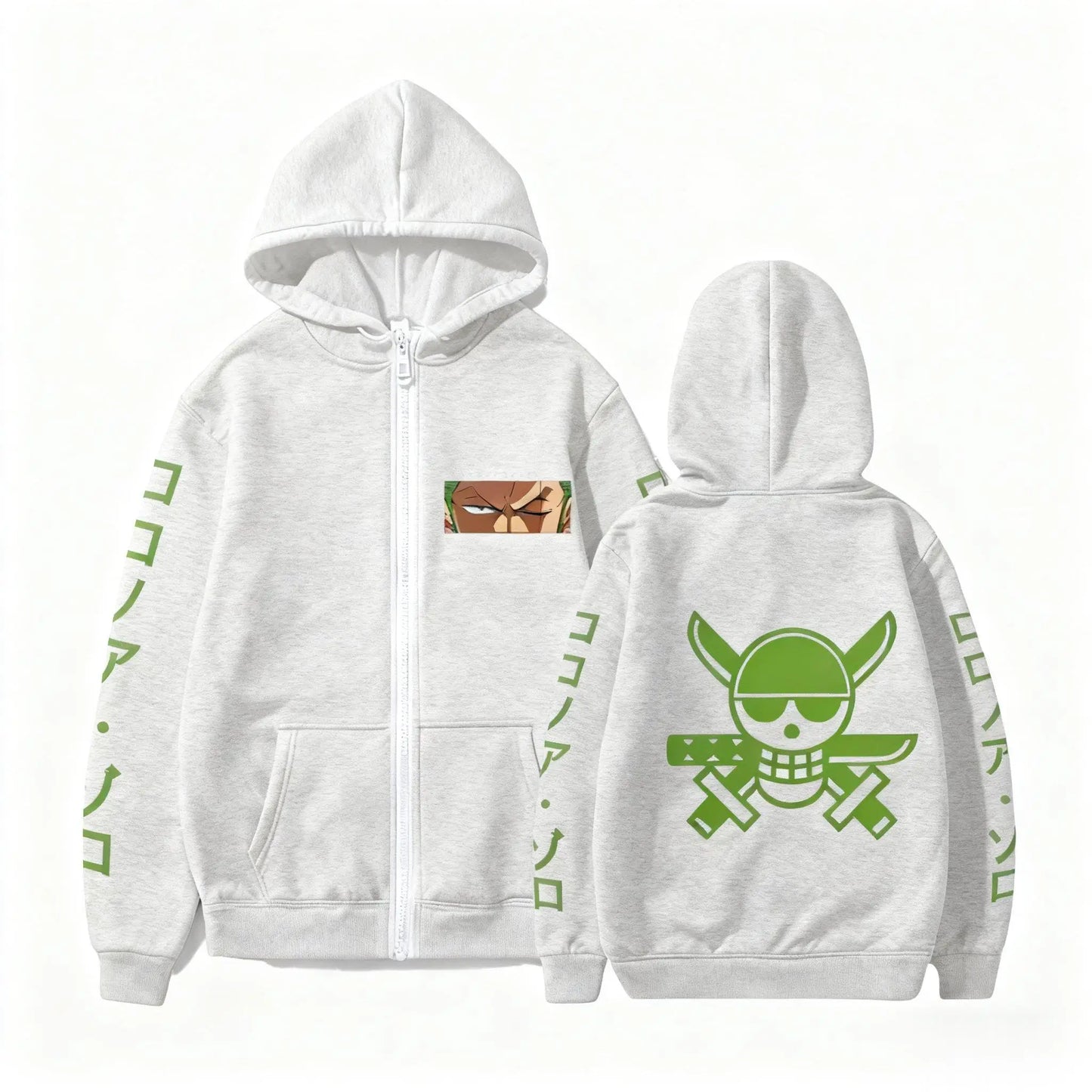 One Piece-huvtröja – Zoros besättningsdesign (grå och grön)