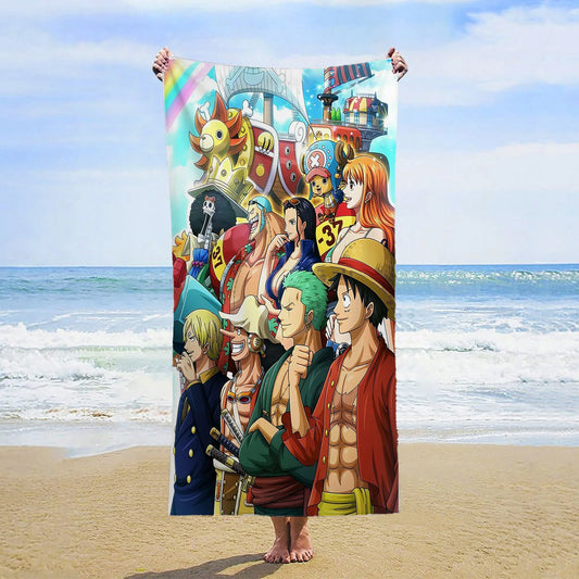 Ręcznik plażowy One Piece – kolaż załogi Słomianych Kapeluszy