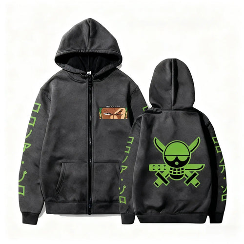 One Piece-huvtröja – Roronoa Zoro-logotyp (svart och grön)