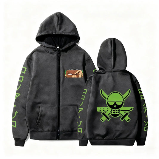 One Piece Hoodie - Roronoa Zoro Logo (Black & Green)