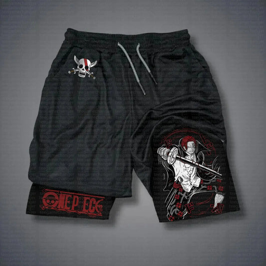 One Piece 2-i-1-sportshorts – Shanks-design (svarta med grafiskt foder)