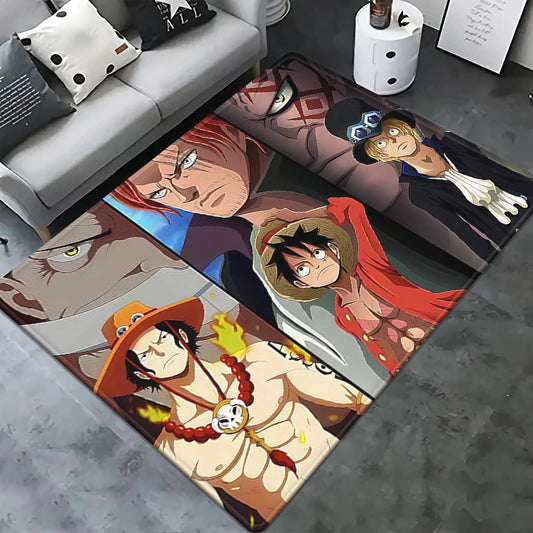 One Piece-matta – porträtt av Luffy med svart Jolly Roger-logotyp